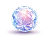 A translucent, faceted sphere with pastel hues, exhibiting a radiant inner glow against a white background