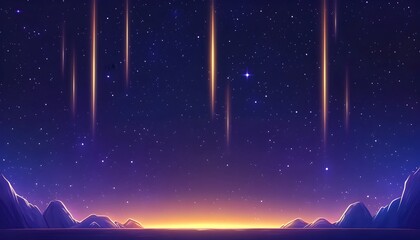 Wall Mural - A vibrant night sky with numerous shooting stars streaks across a dark purple backdrop, above a serene landscape with glowing orange horizon and silhouetted mountains