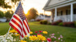© A2Z AI  - American flag in a flowerbed, symbolizing patriotism and home. Bright sunlight adds warmth to the scene in front of a traditional house. Celebration and pride.