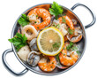 © Alice a. - Fresh seafood medley in pan garnished with lemon, showcasing vibrant mix of shrimp, clams, and herbs, perfect for delightful culinary experience