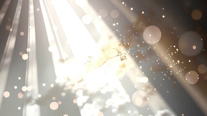Wall Mural - Sunlight streams through clouds, illuminating floating particles and creating a dreamy, ethereal atmosphere.