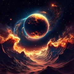 Wall Mural - Surreal Landscape with Fiery Planet, Mountains, Nebula, and Distant Starfield