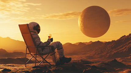 astronaut in folding chair, enjoying wine on alien planet, sunset backdrop, large celestial body vis