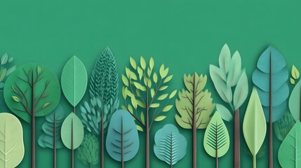 Geometric arrangement of abstract tree and leaf shapes in a modern, eco-friendly digital art style. long_title:This image features an