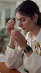 Poster - Business woman, headache and stress in office with burnout, audit migraine or fatigue. Accountant, employee overwhelmed and brain fog at desk with exhaustion, deadline pressure and eye strain
