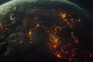 a celestial canvas shimmering city lights paint an earthly tapestry from space.