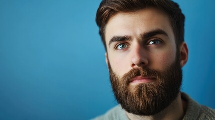 Wall Mural - a man with a beard and mustache, wearing a gray sweater, standing against a blue background.