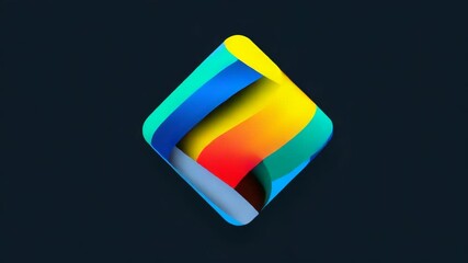 Striking abstract rhombus shape with layered vibrant colors on dark backdrop, 3D render design with curved edges and flowing wave elements