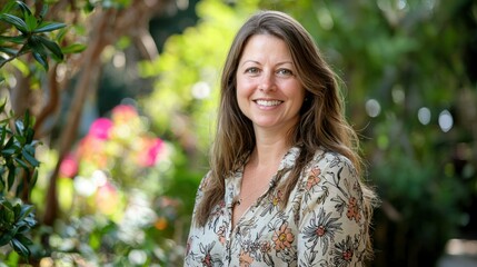 Wall Mural - a woman with long brown hair, wearing a floral blouse, standing in a lush green garden with blooming