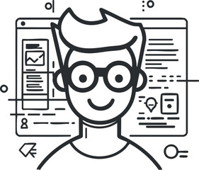 illustration of a programmer or developer with glasses in front of a computer interface with code an