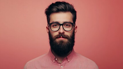 Wall Mural - a man with a beard and glasses, wearing a pink shirt, standing against a pink background.