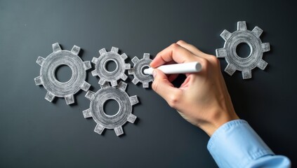 Fototapete - Business process management and solution. Businessman drawing connecting gears on chalkboard
