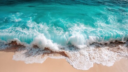Wall Mural - stunning turquoise ocean waves crashing on sandy beach shoreline