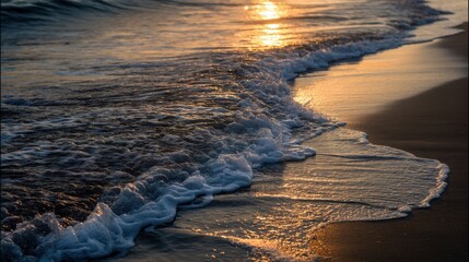 Wall Mural - Serene Wave Patterns at Sunset on Tranquil Beach Shoreline