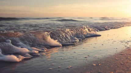 Wall Mural - gentle ocean waves lapping on sandy beach at sunset horizon
