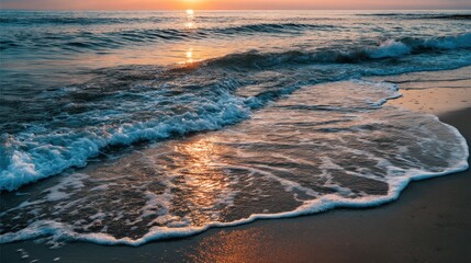 Wall Mural - Serene Sunset Over Waves at Tranquil Beach Shoreline
