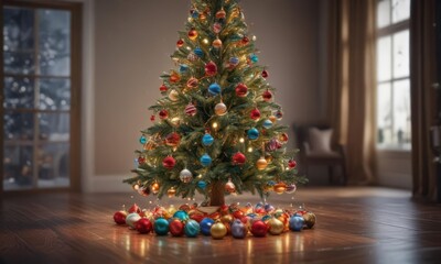 Wall Mural - Sparkling Christmas tree, colorful ornaments, glittering lights, festive winter scene ,  celebration,  branch,  bright