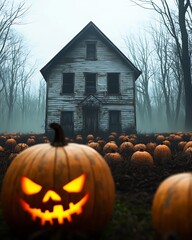 abandoned house in a pumpkin patch