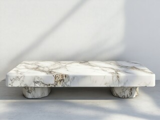 Leinwandbilder - Marble Table Against White Wall with Sunlight Shadow for Product Presentation or Display Mockup