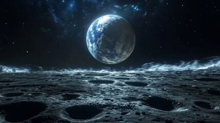 Wall Mural - a planet with a blue surface and a large moon in the sky. the moon is in the middle of the planet an