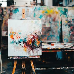 Aufkleber - Colorful Abstract Painting on Canvas Displayed on Wooden Easel in Artist's Studio