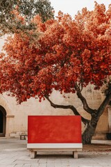 Leinwandbilder - Autumnal Tree Canopy Over a Red Bench in a European Courtyard with Stone Paving and a Building