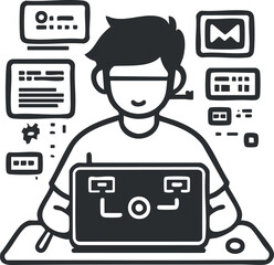 illustration of a programmer working on laptop surrounded by digital interface and coding elements