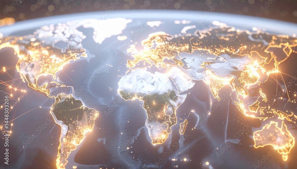 Illuminated world map highlighting global connectivity and city lights ...