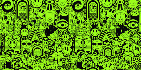Poster - Cool Acid Psychedelic Groovy Seamless Pattern. Abstract Trippy Y2k Illustration.