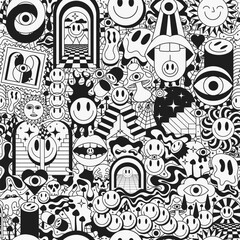 Poster - Cool Acid Psychedelic Groovy Seamless Pattern. Abstract Trippy Y2k Illustration.