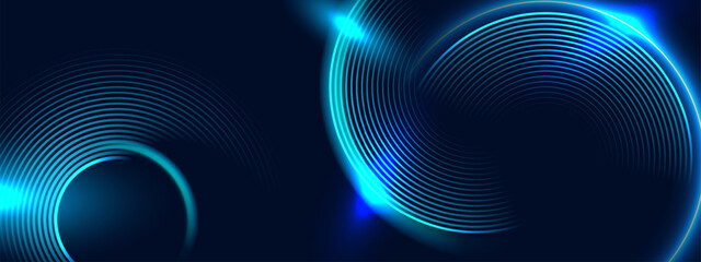 Fototapete - Futuristic glowing rings on dark blue abstract background.