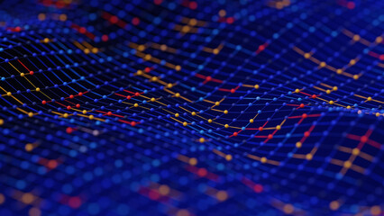 Wall Mural - abstract, undulating blue grid with yellow, red, and light blue interconnected nodes on a dark blue 