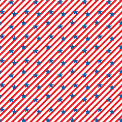 Wall Mural - Seamless pattern with stripes and stars.Patriotic seamless pattern with red and white diagonal lines and blue stars.Colorful repeat pattern for independent day, America, USA, Memorial Day concept.