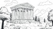 © vadymstock - Black and white line drawing of an ancient classical temple with columns in a natural landscape