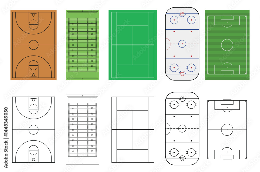 Set of sport field. Handball, basketball, volleyball, tennis, futsal ...