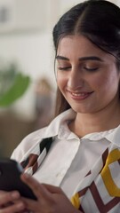 Wall Mural - Office, smile and woman with smartphone for laughing, joke message and notification from contact. Chat, female person and happy with mobile app for online text, digital client and reading information
