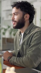 Poster - Business, computer and man in office, thinking and smile with email, copywriting and creativity. Person, journalist and employee in workplace, pc and connection with feedback and research for article
