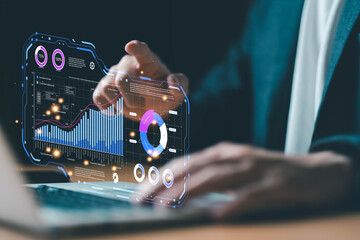Wall Mural - entrepreneur using big data analysis and cloud technology to collect customer data and display on ap