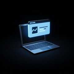 futuristic website emerging from laptop screen in dark environment
