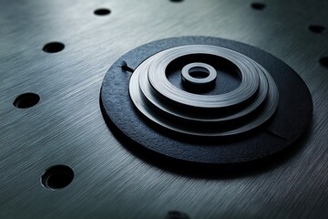 Wall Mural - close-up of concentric metal rings on a textured metallic surface with drilled holes, creating a sen