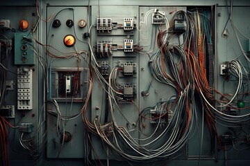 Wall Mural - An intricate network of wires and electrical components on a vintage industrial panel.