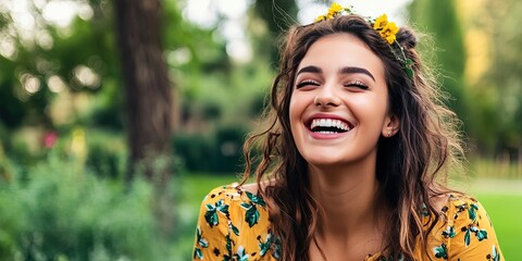 photo of happy young woman in backyard