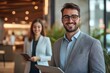 © Stock4u2024  - Smart Business Couple: A well-dressed couple, both engaged in the realm of business, standing confidently in a modern, professional setting, with smiles that highlight success and synergy.