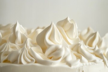 Poster - Close-up of a creamy frosted cake, showcasing swirls of smooth white icing with elegant peaks on a simple, clean background.
