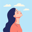 © Iuliia - Woman doing breathing exercises with closed eyes, relaxing on nature. Calm girl enjoying fresh air, meditation with breathing, healthy yoga. Deep breath through nose. Vector flat illustration