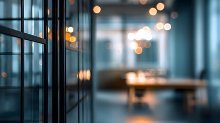 Dynamic office meeting space with blurred background and door modern workspace professional environment