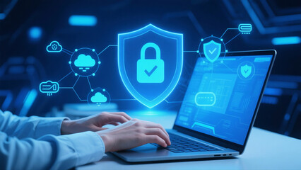 Hands typing on a laptop with a digital security shield overlay.