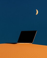 Poster - Minimalist Tech Elegance Sleek MacBook in Sunset-Inspired Workspace - Creative Professionals Aesthetic Digital Nomad Essential for Remote Productivity