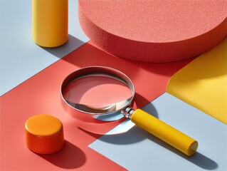 Leinwandbilder - Geometric Data Discovery Minimalist Magnifying Glass on Color-Block Surface - Innovative Visual Metaphor for Digital Research and Creative Problem-Solving