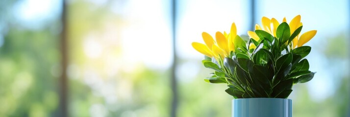 Poster - Minimalist Wellness Sanctuary Vibrant Yellow Tulips in Sleek Azure Planter - Biophilic Design for Modern Workspace Tranquility and Productivity Enhancement